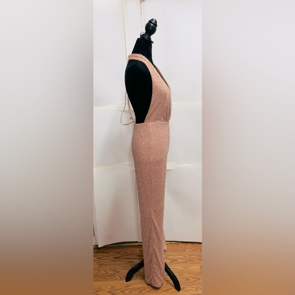 Oh Polly Embellished Plunge Neck Backless Halter Jumpsuit Beige Beaded Sequins 2 - Picture 4 of 15